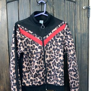 Cheetah Print Track Jacket with Flower Embroidered Sleeve L